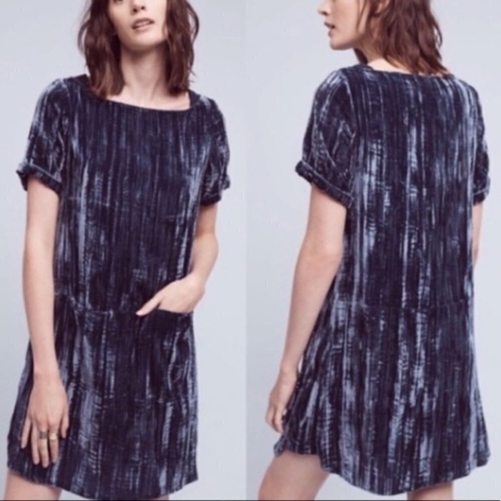 Anthropologie Floreat Blue Crushed Velvet Pocket Dress X- Small